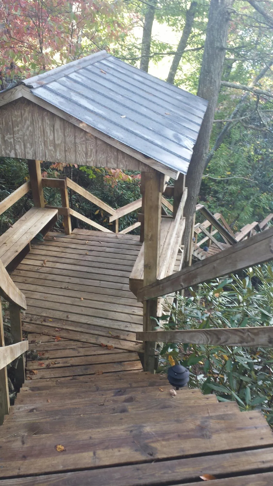 Metal roofed shelter over wooden steps on a wooded walkway — Skylight Repair & Installation work by our crew in Cross Anchor